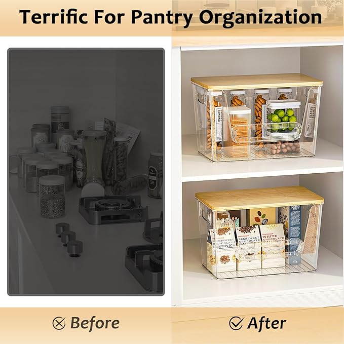 Delamu 4 Pack Pantry Organizers and Storage,Trash Bag Dispenser with Bamboo Top,Stackable Trash Bag Dispenser Under Sink Organizer for 4-30 GalBags,Onion,Potato,Fruits,Clear