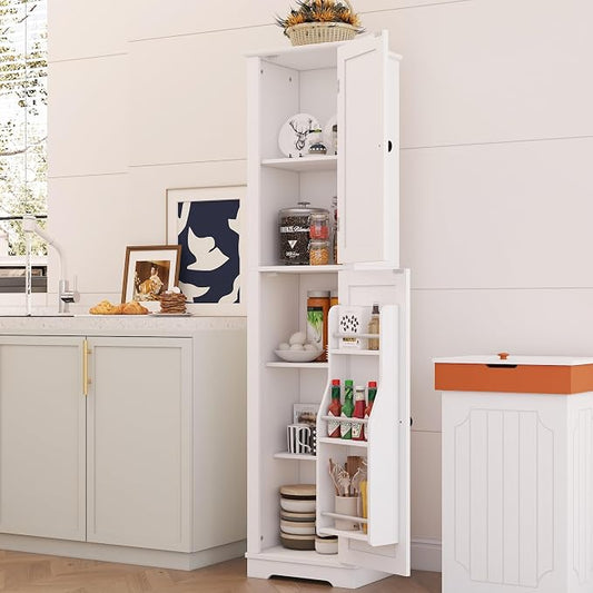 Function Home Tall Storage Cabinet, 64" Narrow Bathroom Cabinets, Freestanding Kitchen Pantry with Door Storage Shelves, Wooden Slim Floor Cabinets for Kitchen Dining Living Room, White