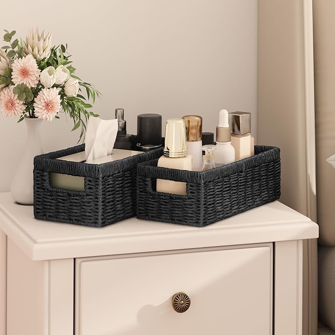 Wicker Storage Basket, Set of 2 Hand-Woven Paper Rope Wicker Baskets for Organizing Decor Storage Bins for Counter Shelves Pantry Basket Small Toilet Paper Basket for Toilet Tank Top, Black