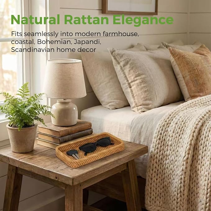 Small Rattan Serving Tray, Natural Wicker Decorative Tray (10" × 5.1") | Handwoven Tray for Trinket Ring Cosmetic, Rectangle Keys Basket Jewelry Perfume Trays for Coffee Table Entryway Living Room