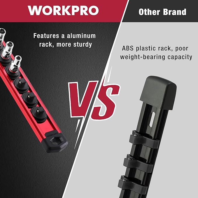 WORKPRO Magnetic Socket Organizer, Heavy Duty 1/4-Inch Drive Socket Rail | 1 Piece Socket Holder with 12 Spots, Aluminum Alloy, Rotatable & Movable Clips, Efficient Organization