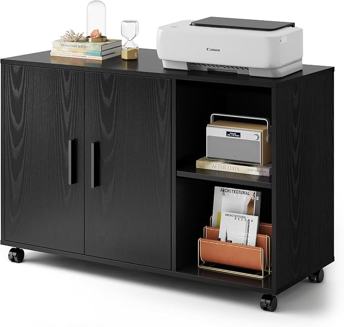 DEVAISE Office Storage Cabinet, Lateral Printer Stand, Black | Doors and Shelves, Mobile File Cabinet, Large Office Supplies and Craft Storage