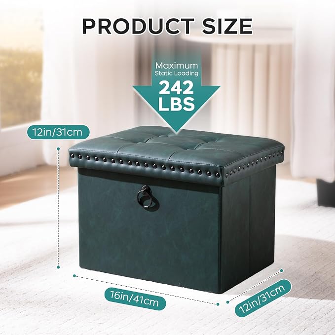 oakvivo Small 16 x 12 x12 Inches Folding Storage Ottoman, Faux Leather Foot Rest Stool with Rivet Design, Ottoman with Storage Vanity Stool Coffee Table for Living Room, Bedroom, Load 242 lbs, Green