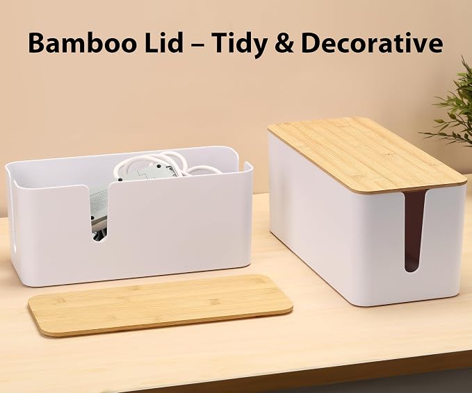 ZhiYo 2 Pack Cable Management Box, Large & XL, Power Strip Organizer, White | Extra-Tall Design for Oversized Adapters, Fits Power Strips Up to 13.4" Long, Natural Bamboo Lid, Ideal for Desks, TV Areas