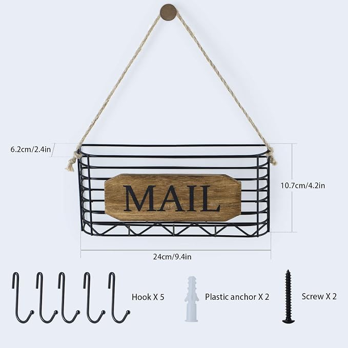SRIWATANA Mail Organizer Wall Mount, Rustic Mail Holder Key Holder for Wall with Hooks, Small Size, Carbonized Black