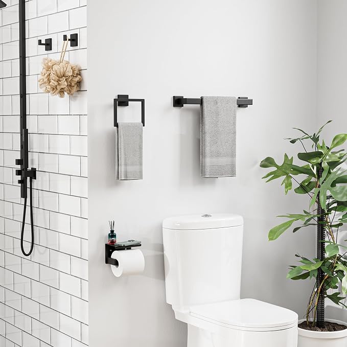 5-Pieces Matte Black Bathroom Hardware Set, 16 Inch Bathroom Towel Bar Set, SUS304 Stainless Steel Bathroom Hardware Accessories Set, Towel Racks for Bathroom Wall Mounted