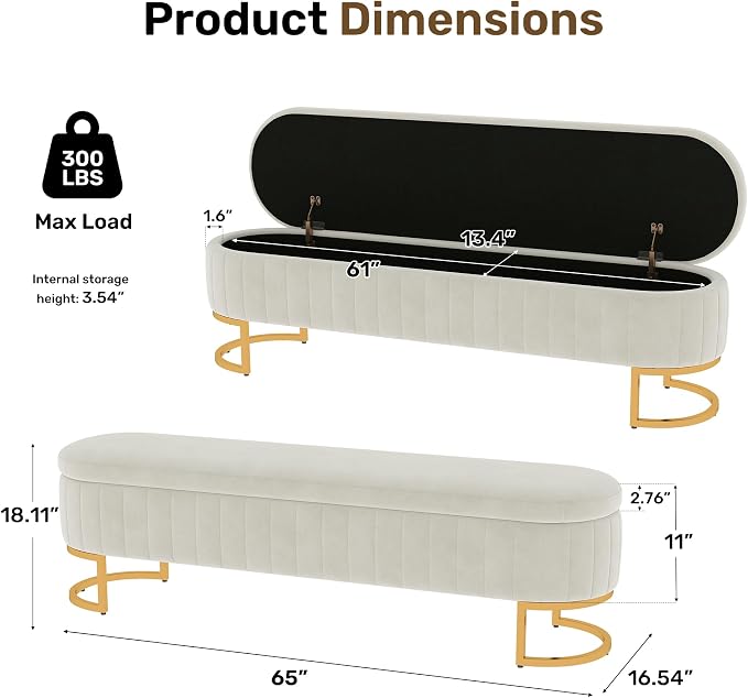 65" Velvet Storage Ottoman Bench End of Bed for Bedroom Entryway Beige