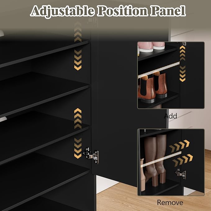 HUANLEGO Shoe Cabinet Storage for Entryway with Doors, Black | 5 Tier Fluted Shoe Organizer with Adjustable Shelves, Shoe Storage with Wooden Legs, Freestanding Shoe Rack for Entryway