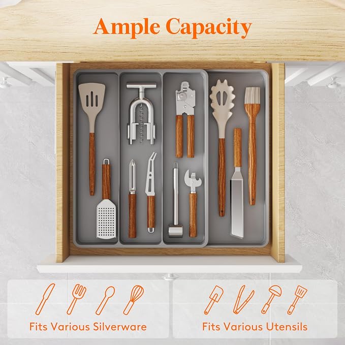 Lifewit Utensil Organizer for Kitchen Drawer, Expandable Cooking Silverware Tray, Adjustable Cutlery Flatware Holder, Plastic Spatula Tools Storage Divider, 17.3 x 15.8", Gray