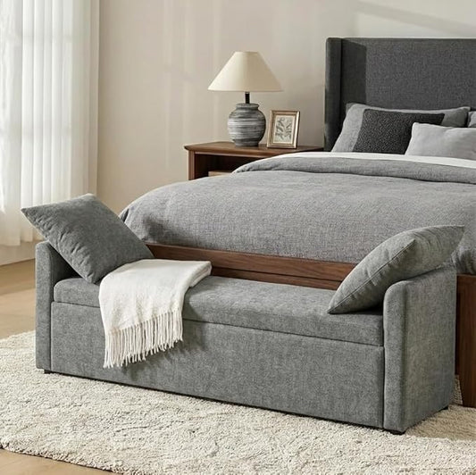 HULALA HOME 59" Storage Bench with 2 Throw Pillows & Armrests, Charcoal | Modern Long Bedroom Bench for End of Bed, Comfy Upholstered Fabric Footstool for Entryway Living Room