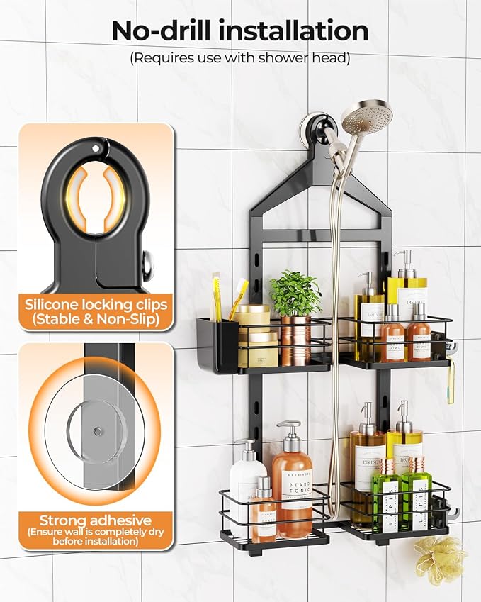 ODesign 2 Tier Shower Caddy for Handheld Shower Heads Anti-Swing Black | No drilling required,comes with removable hook and storage box,suitable for handheld and wall-mounted showerheads