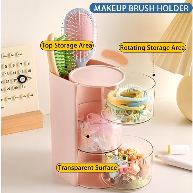 Azurphoric Hair Accessories Organizer with Hair Brush Holder(Pink, 3-Layer) | Rotatable Makeup Brush Holder for Necklaces, Earring, Bracelet, Ring, Makeup Brushes, Hair Clip and Hair Accessories