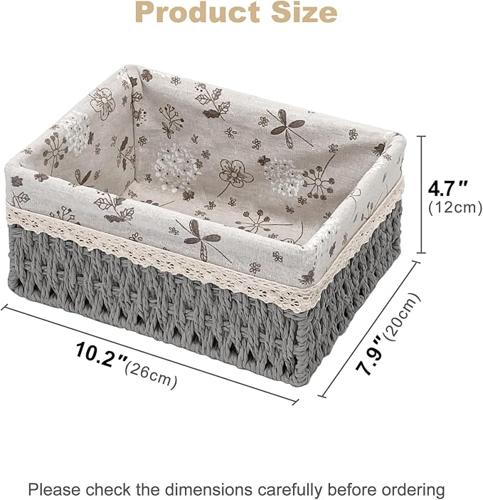 Wicker Storage Baskets, Handwoven Paper Rope Organizer Bins with Removable Floral Liner, Large for Bathroom, Pantry, Shelf, Countertop, Closet (Gray, L)