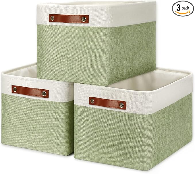 DULLEMELO Fabric Storage Bins for Laundry, Home, Foldable Storage Baskets for Shelves, Toys, Collapsible Storage Bins for Office,Bedroom(3-Pack Medium-15 inch X 11 inch X 9.5 inch , White&Green)