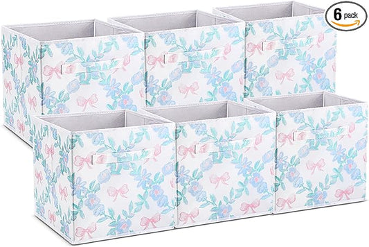 6 Pcs Blue Floral Bow Cube Storage Bins 11 Inch Blue Flower Storage Basket with Handle, Preppy Girls Organizer Basket, Collapsible Fabric Box for Classroom Bedrooms Office Home Decoration Gift