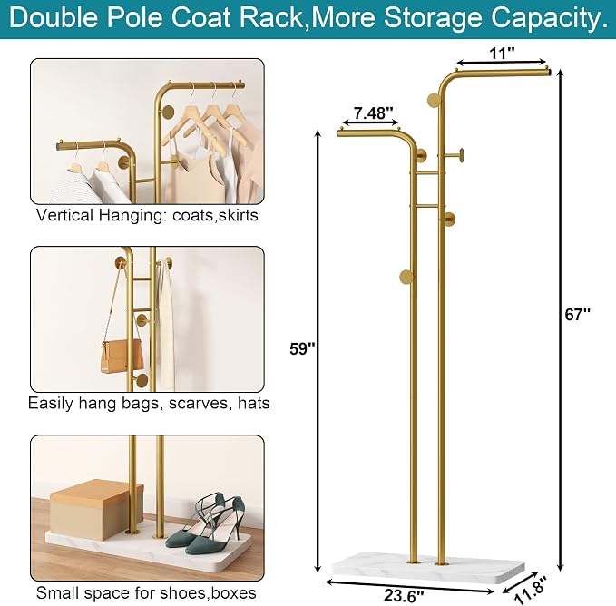 HOMEFORT Coat Rack, Freestanding Metal Coat Racks, Double-pole Clothes Hat Stand with 5 Hooks for Closet, Bedroom, Entryway, Living Room, Gold