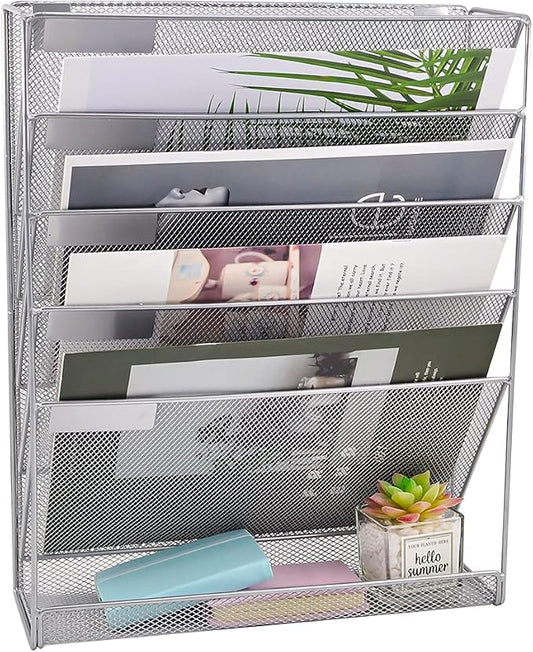 EASEPRES Desk File Organizer Mesh 6-Tier, Hanging Wall Mount Document Organization Stand, Desktop Vertical Mail Paper Folder Holder Rack with Bottom Tray for Office Home Cubicle Countertop, Silver