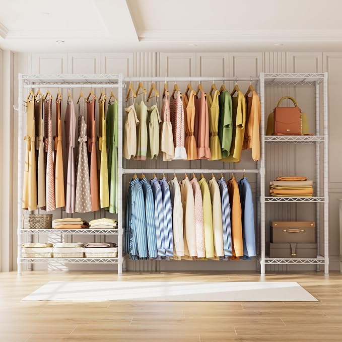 Golpart Heavy Duty Clothes Rack Metal Wardrobe with Adjustable Wire Shelves | Closet Organizers and Storage Clothing Rack Metal System Freestanding Hanging Clothes System Free Standing Garment Coat Racks