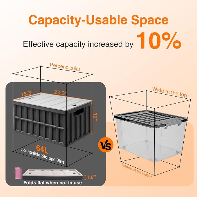 Citylife 64L Collapsible Storage Bins with Lids Plastic Storage Containers for Organizing Stackable Storage Box Large Heavy Duty Utility Crates, 2 Packs