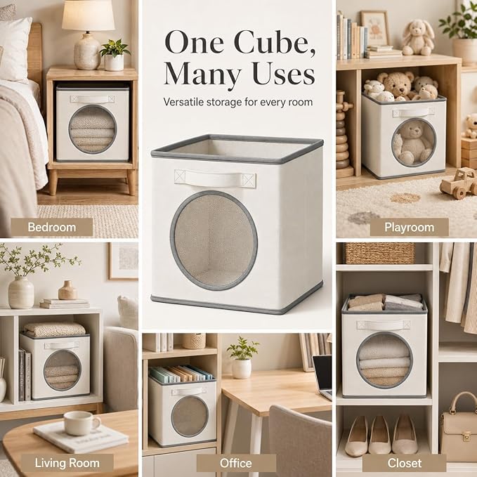 Fabric Storage Cubes with Mesh Window, 11'' Cube Storage Bin, Ivory, 4 Pack | See through Round window, Foldable Odor-Free & Sturdy PP Structure, Cubby Baskets for Closet, Shelves, Bedroom and Offices