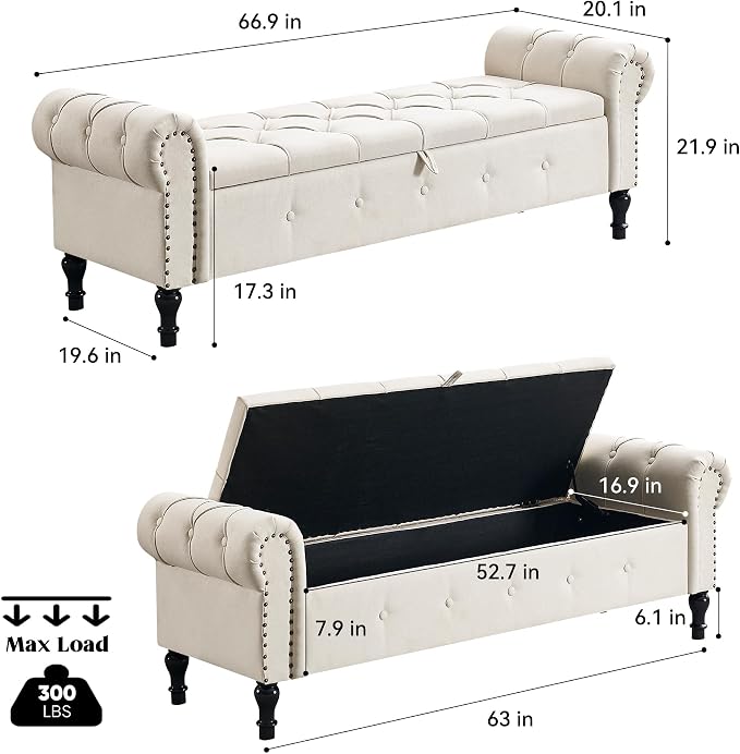 Storage Bench 67" Linen End of Bed Benches Beige | King Size Storage Bench for Bedroom with Rolled Arms Tufted Ottoman Benches Upholstered Bench for Living Room Entryway