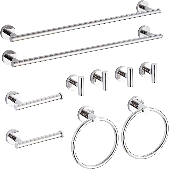 Chrome Bathroom Hardware Set 10 Piece with Towel Racks for Bathroom, SUS304 Stainless Steel Bath Towel Bar Set, 24 Inch Wall Mounted Accessories Kit