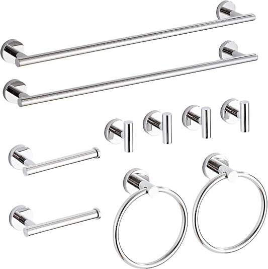 Chrome Bathroom Hardware Set 10 Piece with Towel Racks for Bathroom, SUS304 Stainless Steel Bath Towel Bar Set, 24 Inch Wall Mounted Accessories Kit