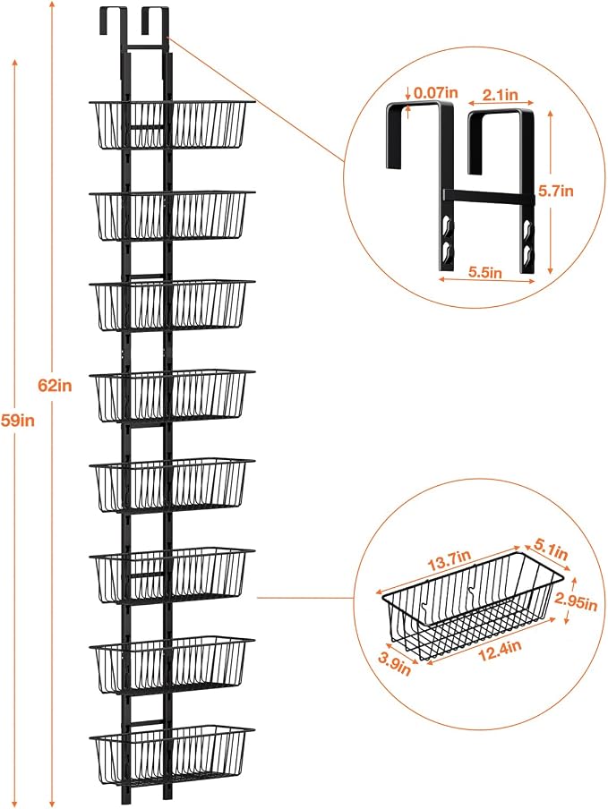 8 Tier Over the Door Pantry Organizer, Over the Door Spice Rack with Adjustable Baskets, Metal Hanging Door Pantry Organizers and Storage for Kitchen Bathroom Bedroom, Black
