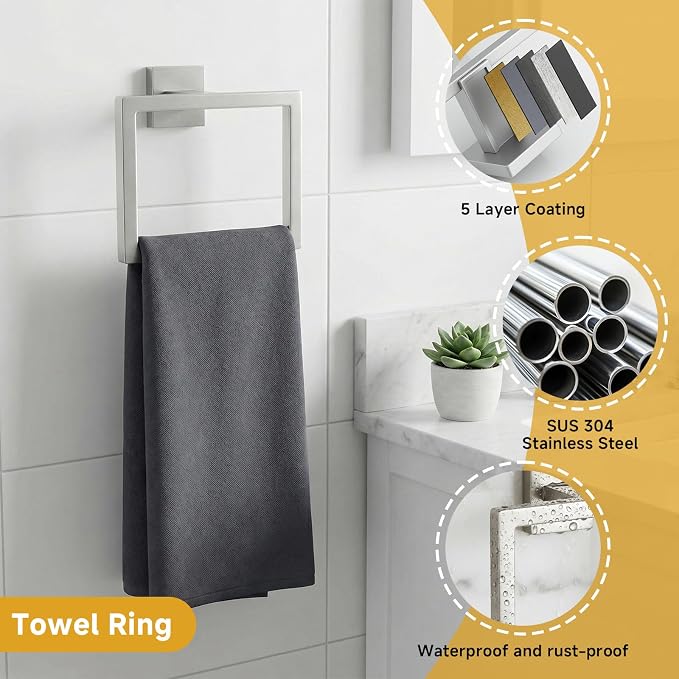5 Piece Bathroom Towel Bar Set - SUS304 Stainless Steel Brushed Nickel Bath Towel Holder, 16 Inch Towel Racks for Bathroom Wall Mounted, Bathroom Hardware Accessories Set