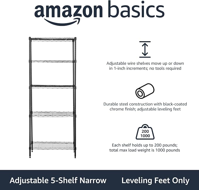 Amazon Basics 5-Shelf Multipurpose Adjustable Steel Garage Shelving Unit, Storage Rack for Kitchen, 200 lbs Per Shelf, Easy Assembly, 13.4"D x 23.2"W x 60"H, Black