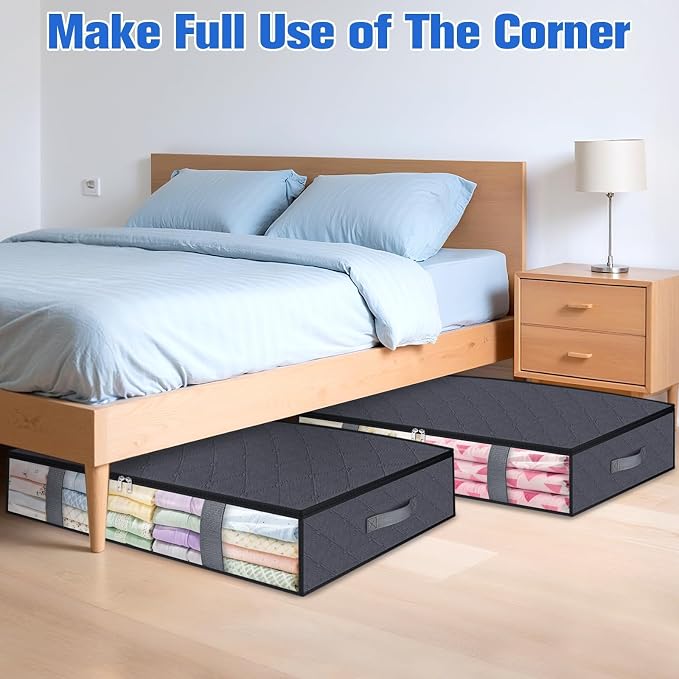 TasticTotes Under Bed Storage Containers, 6 Pack Blanket Storage Bags, Collapsible Storage Bags with Big Zippers, Clear Front, Shoe Storage and Organization for Clothes, Comforter, 90L, Grey