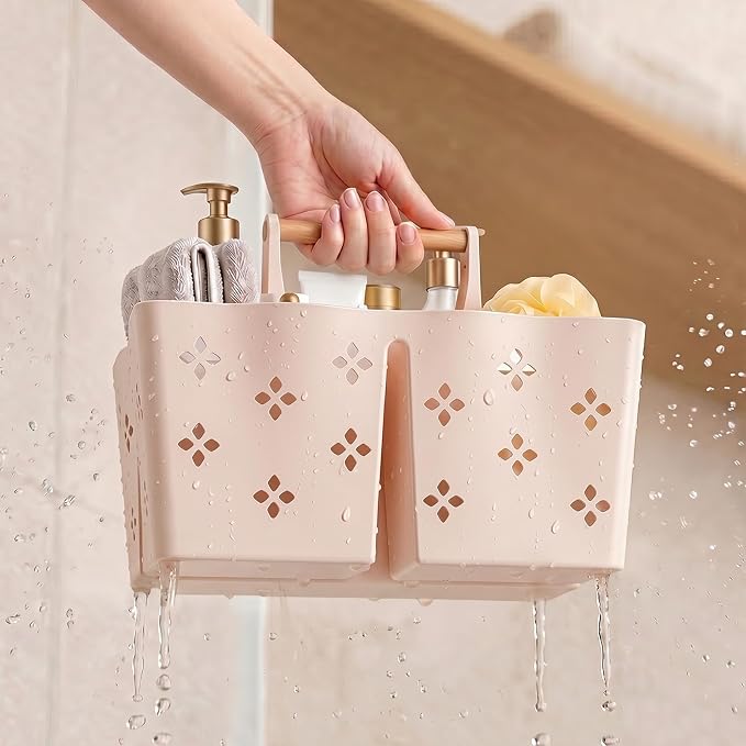 GVY Portable Plastic Shower Caddy, Large Capacity Shower Basket with Handle, Divided Bathroom Toiletry Organizer, Quick-Drain Shower Caddy for College Dorm Beach Kitchen Essentials, Cream
