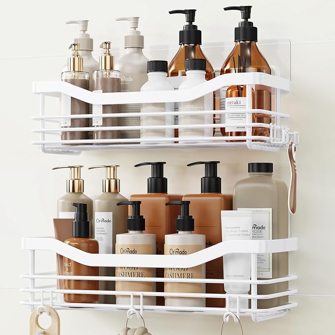 Orimade Shower Caddy Basket Shelf Storage Rack, No Drilling Wall Mounted Adhesive Rust Resistant Stainless Steel Shower Organizer with 5 Hooks for Bathroom, White 2 Pack