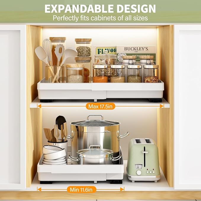 DOMNIU Pull Out Cabinet Organizers Expandable,White,16.9" Depth,4 Pack | Plastic Slide Out Drawers for Kitchen, Bathroom, Pantry, Under Sink Storage, Fixed with Adhesive Nano Film (11.6''-17.5'')