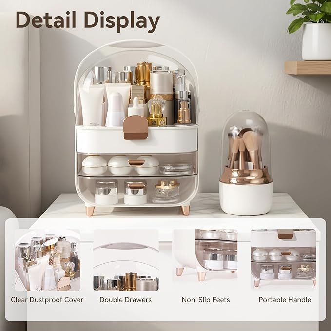 Makeup Organizer for Vanity with Brush Holder, Lid and 2 Drawers, Rose Gold | Large Capacity Bathroom Counter Organizer for Skincare, Cosmetic Storage, Dustproof, Waterproof, Teen Girl Gifts
