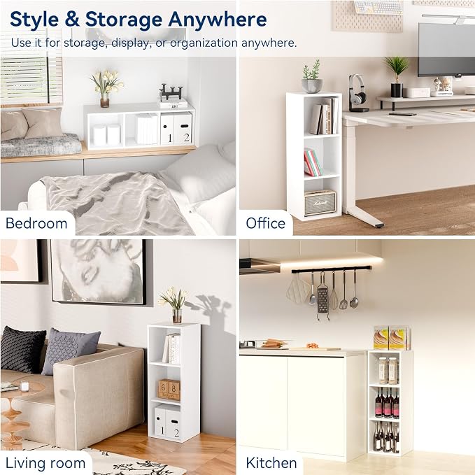 Whitmor 3 Cube Storage Organizer, Small Bookshelf, 3 Cube Shelf Book Shelf with Open Shelves for Room Decor, Stackable MDF Wood Cube Shelf Bookcase Storage Cabinet, White, 12.2" L x 11.7" W x 35.6" H