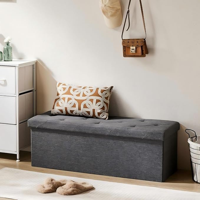 Sweetcrispy 43 Inch Folding Storage Ottoman Bench, Ottoman with Storage | Large Hidden Storage Chest with Padded Seat, Foot Rest Stool, End of Bed Bench for Bedroom, Living Room, Linen Fabric, Gray
