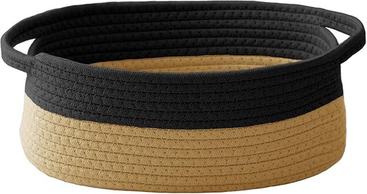 JMvicyroam Small Woven Basket, Empty Gift Basket, Black&Jute/1 Pack | Small Gift Basket, Cotton Rope, 12 x 8 x 81 in, Handles, Includes Ribbon and Bag, Birthday Gift Basket