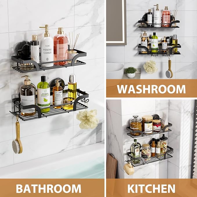 LEVERLOC 2 Pack Shower Caddy Suction Cup, Shower Shelves for Inside | Rustproof Bathroom Storage, NO Drill Bathroom Organizer, Heavy Duty Storage Basket, Black Shower Caddies, Metal Shower Shelf