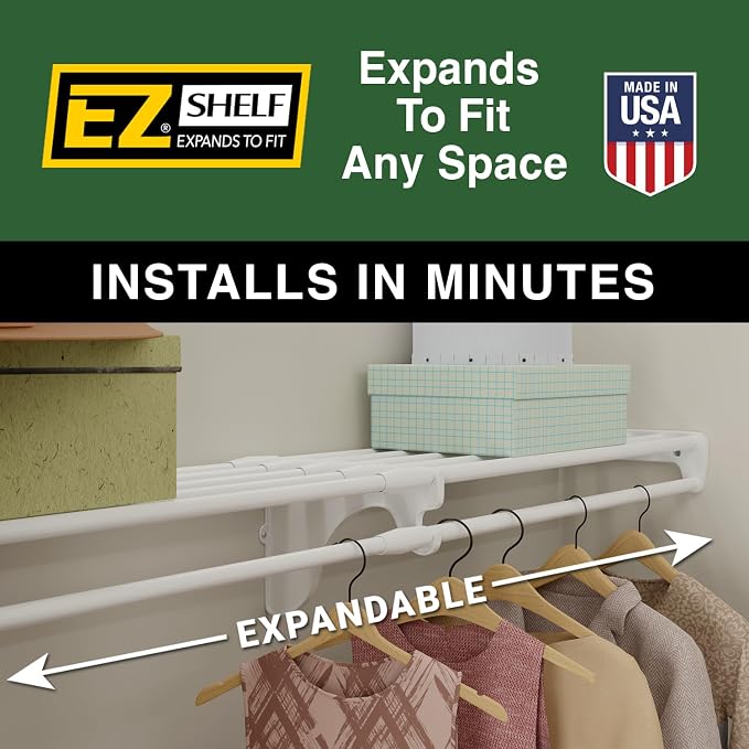 Closet Shelf with Hanging Rod - 28-48” Expandable, White, Closet Shelves - Strong, Holds 200 lbs - DIY, Easy Install to 2 Side Walls - Alternative to Wire Shelving