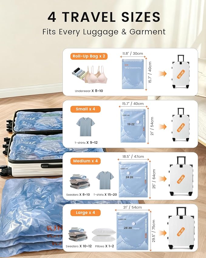 RJN Vacuum Storage Bags with Rechargeable Cordless Air Pump, 14 Combo | Compression Bags for Travel, Space Saver Vacuum Seal Bags for Clothing, Blankets, Comforters, Pillows, Travel Luggage