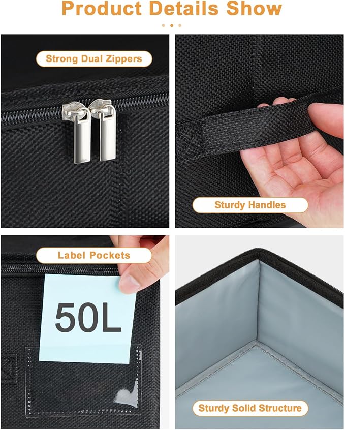 Under Bed Storage Container, 3 Pack Underbed Storage Bags With Lid, Foldable Sturdy Clothes Storage Organizer W/ 3 Handles, Ultra Thick Fabric Blanket Shoe Storage Box, 30x15x6.7inch, Black, 50L | Sturdy Sides and Bottom wieh Ultra-Thick Fabric and 3 H...