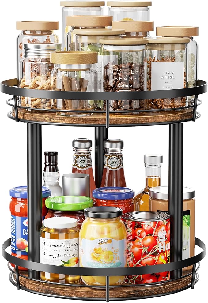LAMU 10'' Wood Lazy Susan Spice Rack Organizer, 2 Tier Spice Organization for Cabinet, Countertop, Kitchen, Table Top, Pantry, Condiment and Seasoning Rack Organizer
