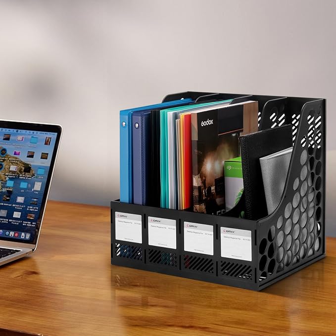 Comix Magazine File Holder 4 Compartment Desk Organizer, Black | Plastic 4 Slot Magazine File Organizer, Holds Binders, Books & Folders, Blank Label for Easy ID.