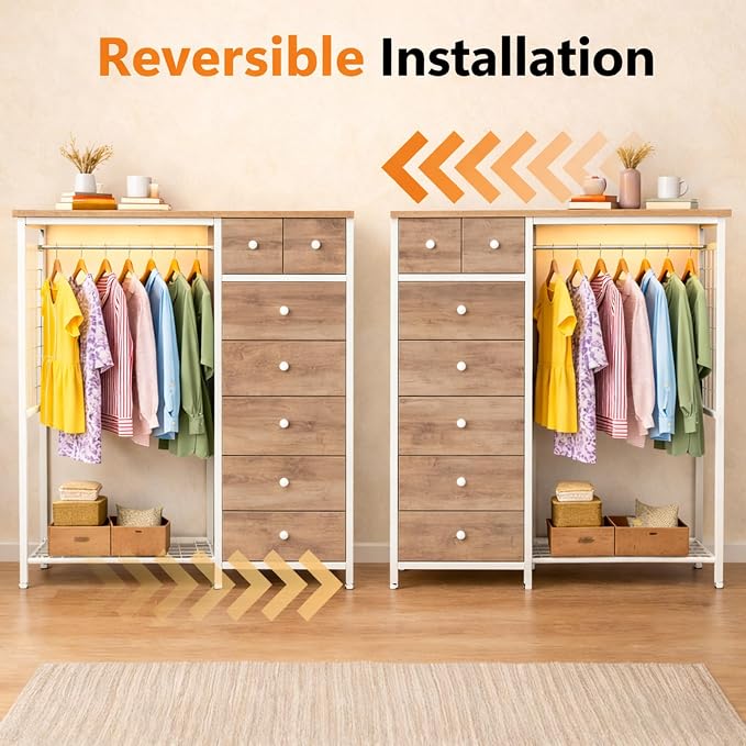 Simple Deluxe Storage Clothes Rack with 6 Drawers, Charging Station & LED Lights, Fabric Chest Shelves Clothing Rack, Wooden Portable Wardrobe Closet, 49.2" W x 15.7" D x 47.2" H, Brown