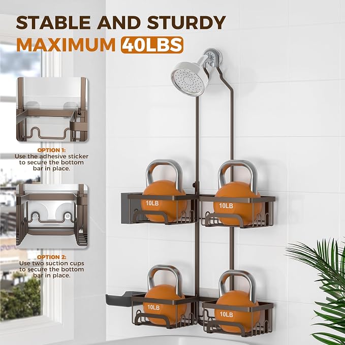 REINHARDT Split Shower Caddy Hanging for Handheld Showerheads, Bronze | Adjustable Shower Organizer, Rustproof, 16 Hooks, Soap Holder, 40lbs Capacity, Anti-Slip, Tool-Free, Bathroom Accessories