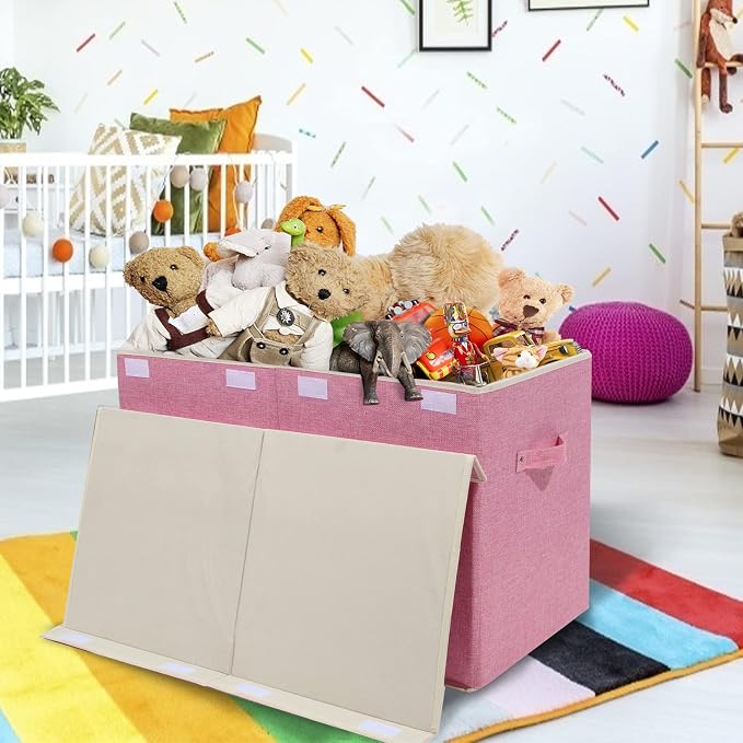 Large Toy Box Chest Storage with Flip-Top Lid, Kids Toy Storage Bin Boxes | Toy Chest with Rivets Handles for Kids, Boys, Girls, Nursery, Playroom, Living Room, Bedroom, 25"x 13" x 16" (Linen Pink)