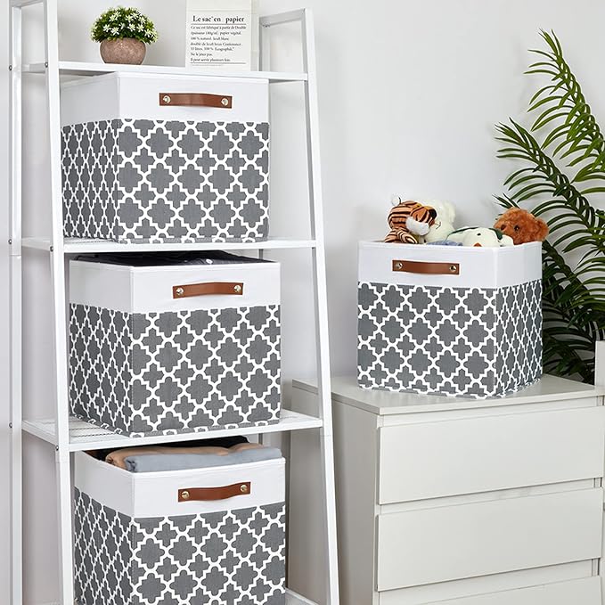 Temary Cube Storage Bins 13x13 - 4 Pack Cube Storage Bins for Shelf with Handles (Grey Lattice)