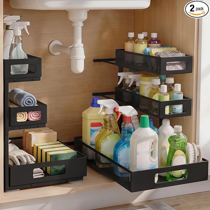 3 Tier Under Sink Organizer,2 Pack Pull Out Cabinet Shelves with Adjustable Height,Heavy Duty Carbon Steel L-Shaped Storage for Kitchen Bathroom Sink,Pantry & Laundry,Black