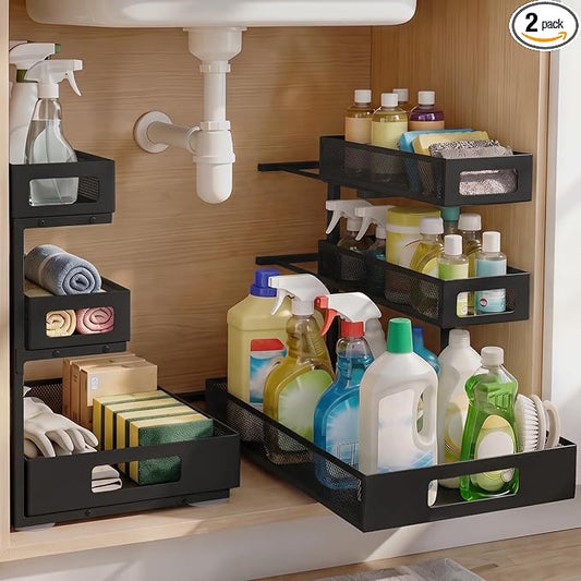 3 Tier Under Sink Organizer,2 Pack Pull Out Cabinet Shelves with Adjustable Height,Heavy Duty Carbon Steel L-Shaped Storage for Kitchen Bathroom Sink,Pantry & Laundry,Black